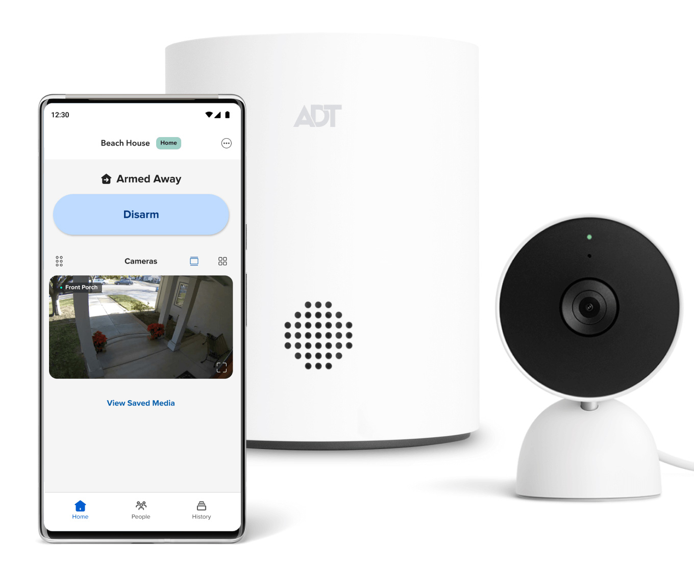 ADT Hub and the ADT Plus App on a phone with Google Indoor Cam